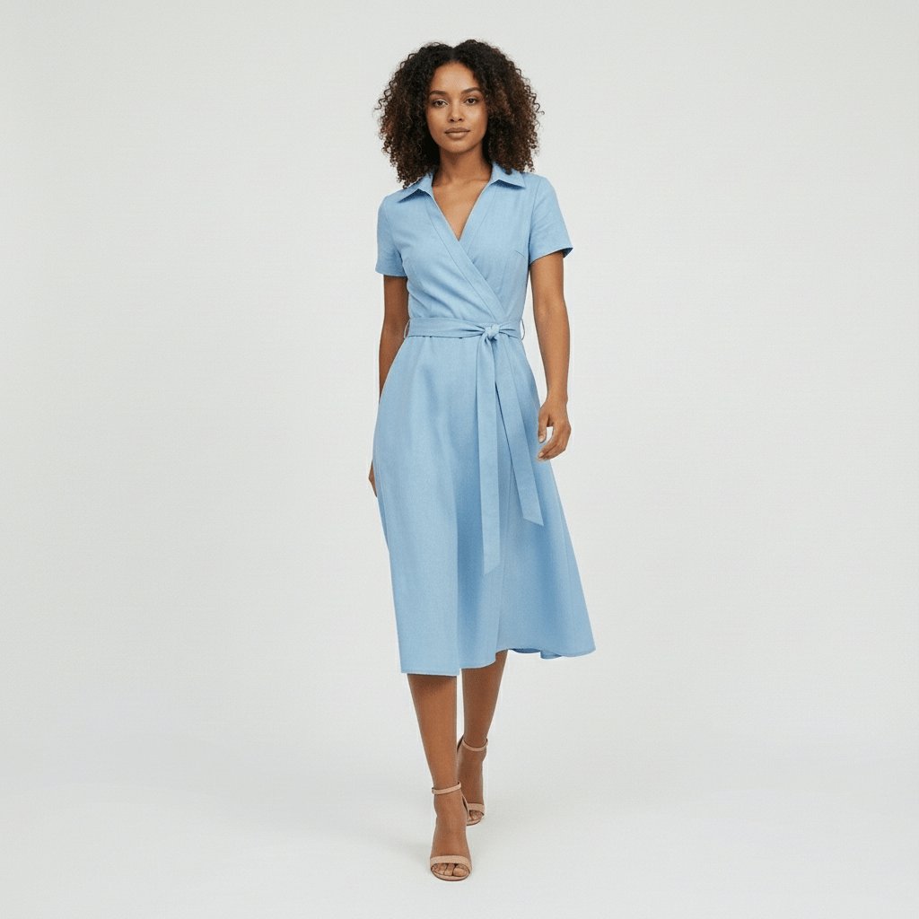 Sophie | Women's Wrap Midi Dress with V-Neck, Waist Belt, Side Pockets