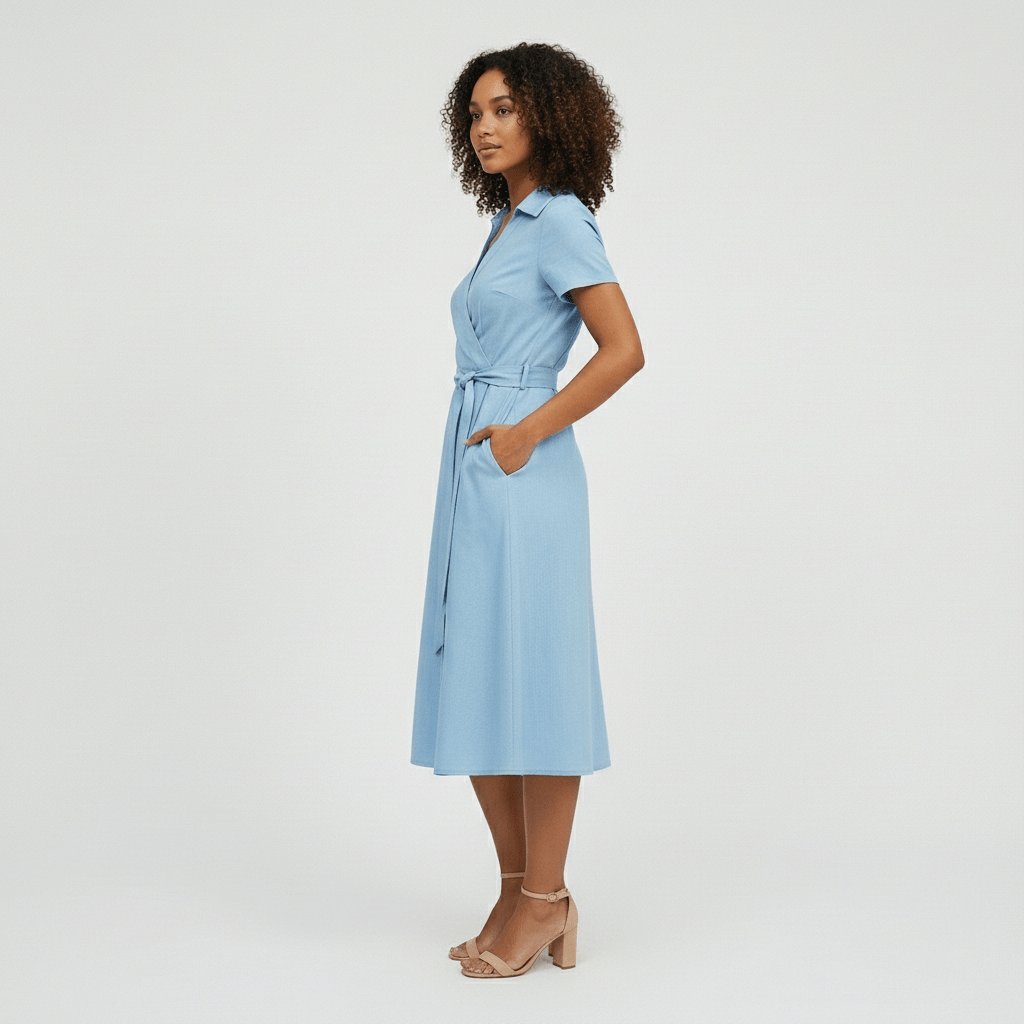 Sophie | Women's Wrap Midi Dress with V-Neck, Waist Belt, Side Pockets