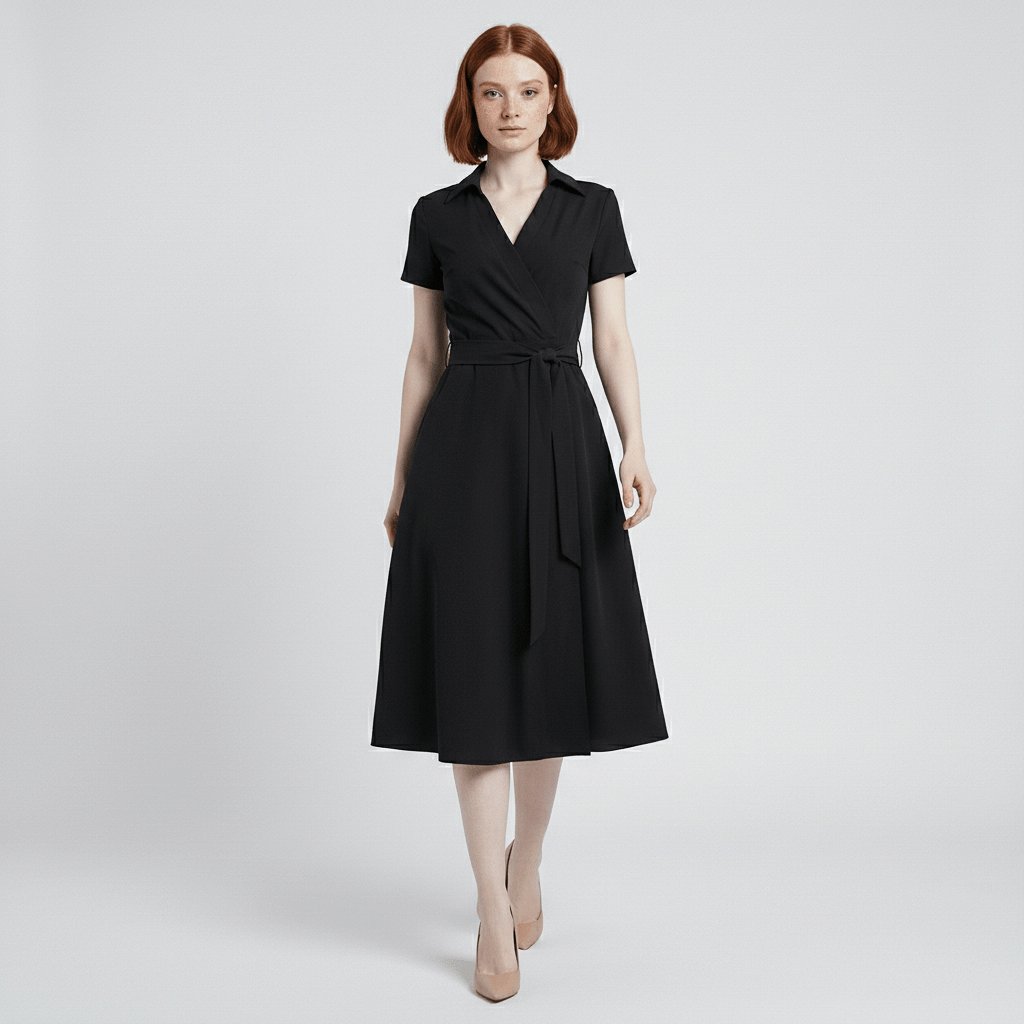 Sophie | Women's Wrap Midi Dress with V-Neck, Waist Belt, Side Pockets