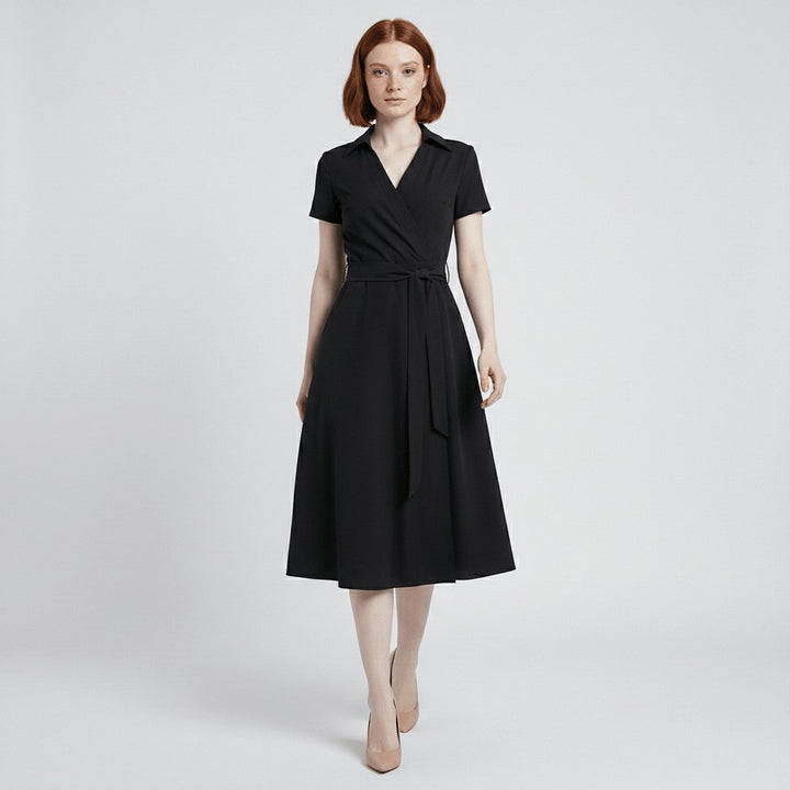 Sophie | Women's Wrap Midi Dress with V-Neck, Waist Belt, Side Pockets
