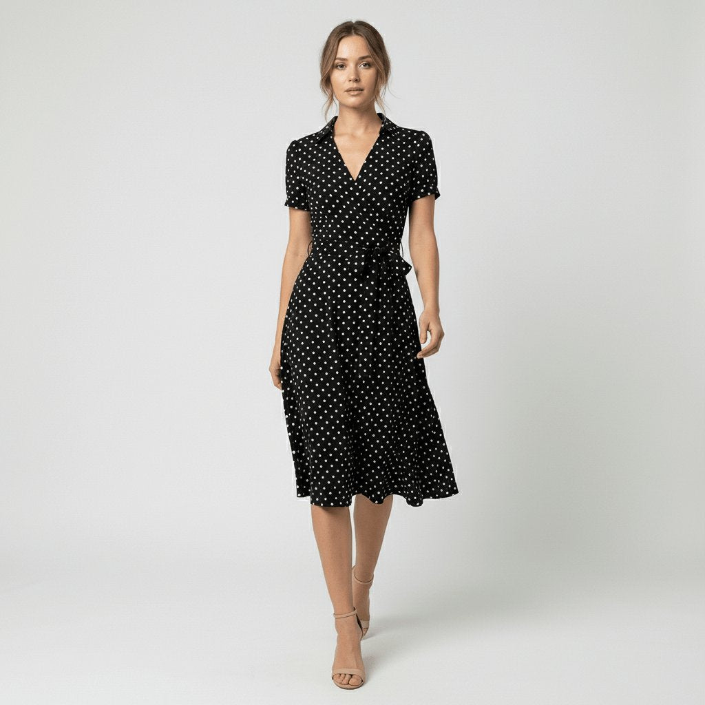 Sophie | Women's Wrap Midi Dress with V-Neck, Waist Belt, Side Pockets