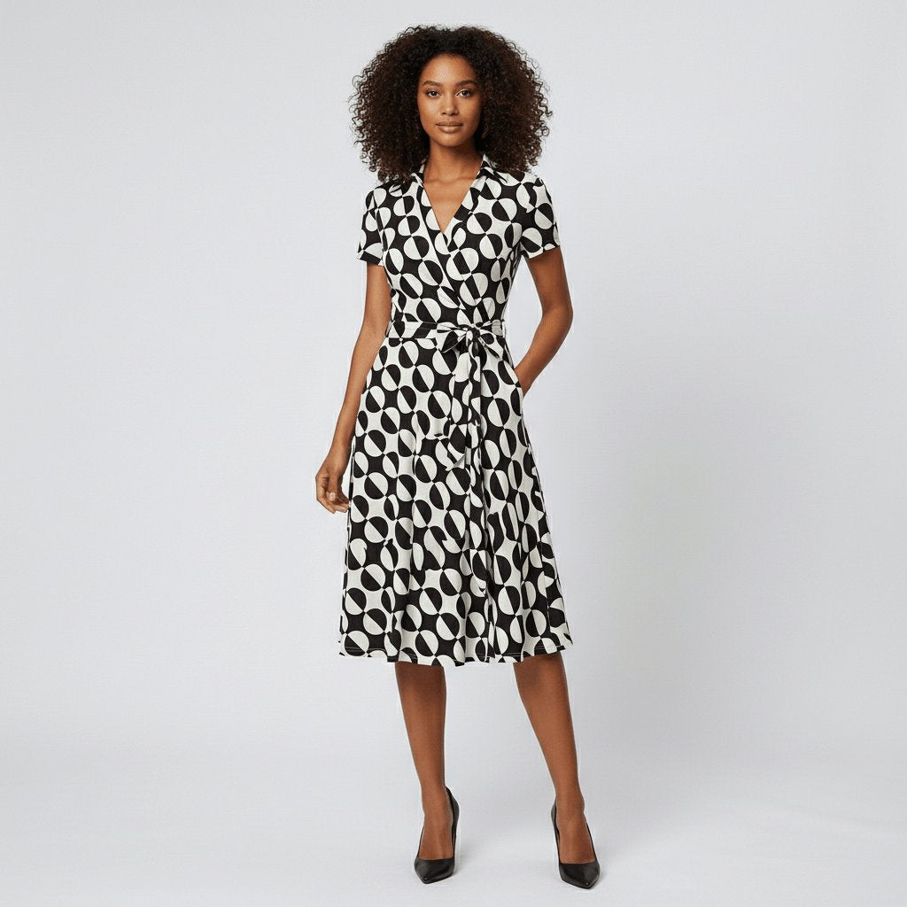 Sophie | Women's Wrap Midi Dress with V-Neck, Waist Belt, Side Pockets