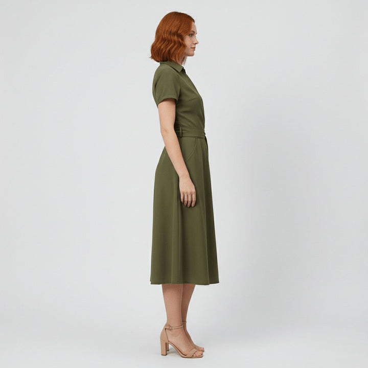 Sophie | Women's Wrap Midi Dress with V-Neck, Waist Belt, Side Pockets