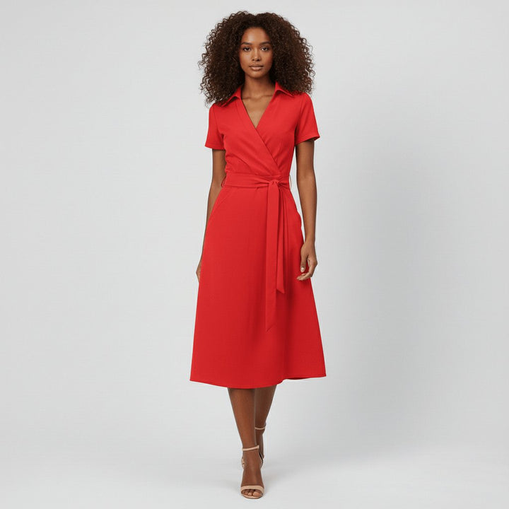 Sophie | Women's Wrap Midi Dress with V-Neck, Waist Belt, Side Pockets