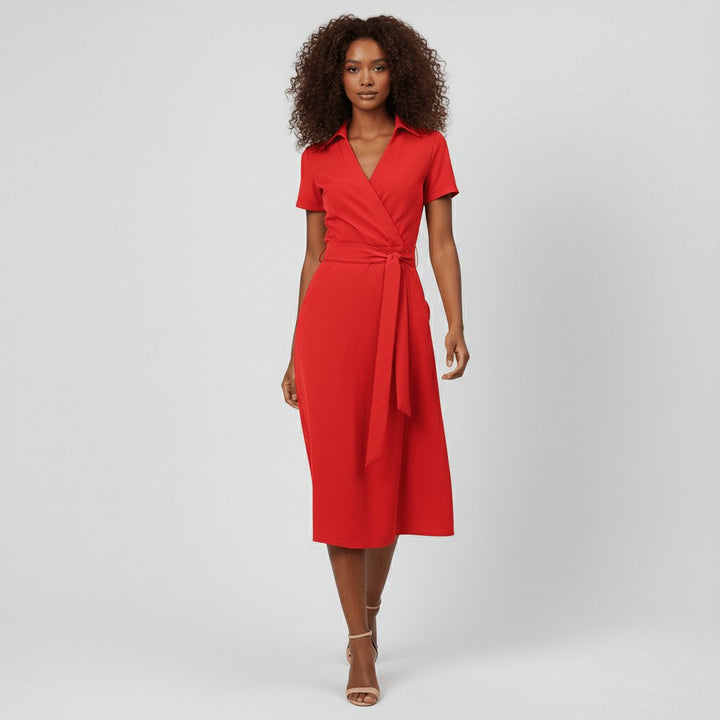 Sophie | Women's Wrap Midi Dress with V-Neck, Waist Belt, Side Pockets