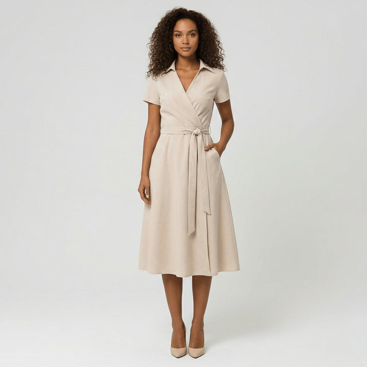Sophie | Women's Wrap Midi Dress with V-Neck, Waist Belt, Side Pockets
