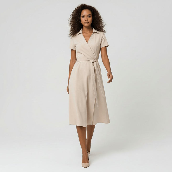 Sophie | Women's Wrap Midi Dress with V-Neck, Waist Belt, Side Pockets