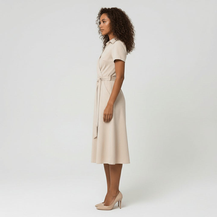 Sophie | Women's Wrap Midi Dress with V-Neck, Waist Belt, Side Pockets
