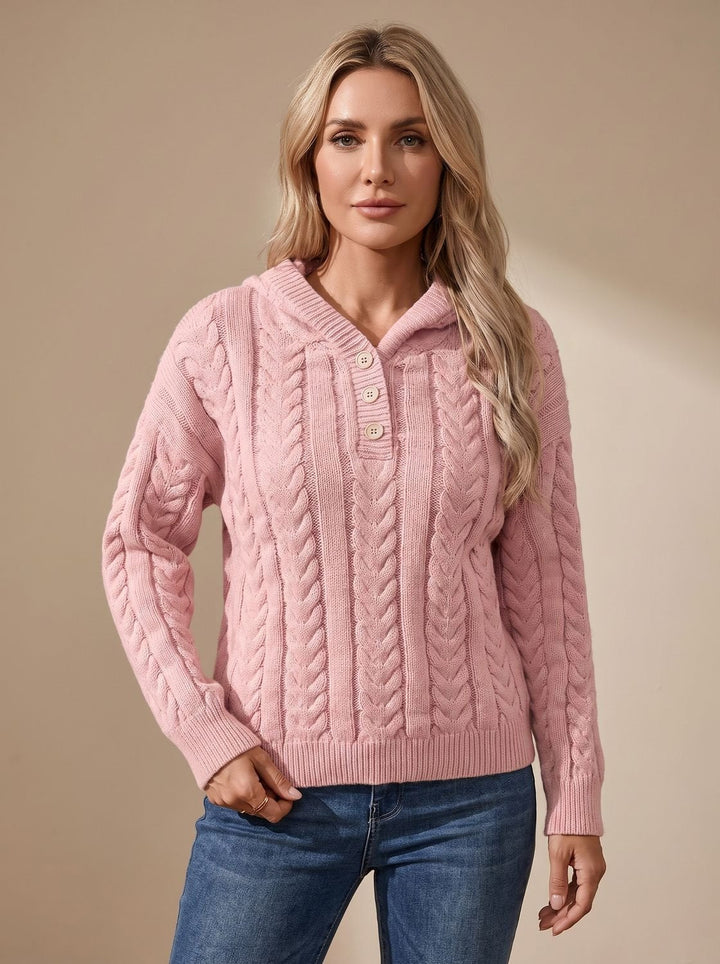 Marlene | Women's Cable Knit Hoodie with Henley Button Placket Oversized