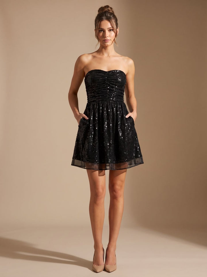 Elin | Women's Bandeau Mini Party Dress Strapless Glitter Bow