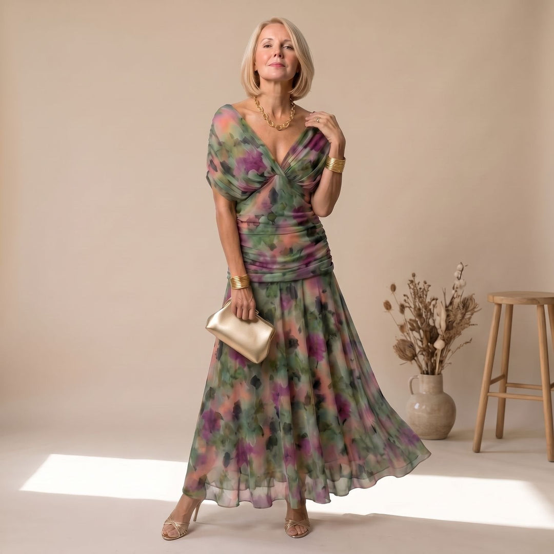 Mila | Women's Floral Print Off-Shoulder Midi Party Dress Pleated Chiffon