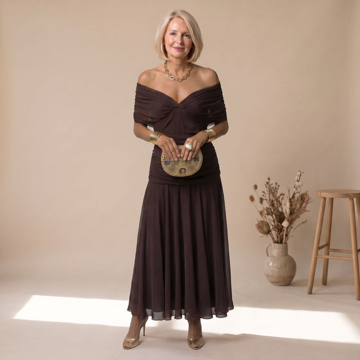 Mila | Women's Floral Print Off-Shoulder Midi Party Dress Pleated Chiffon