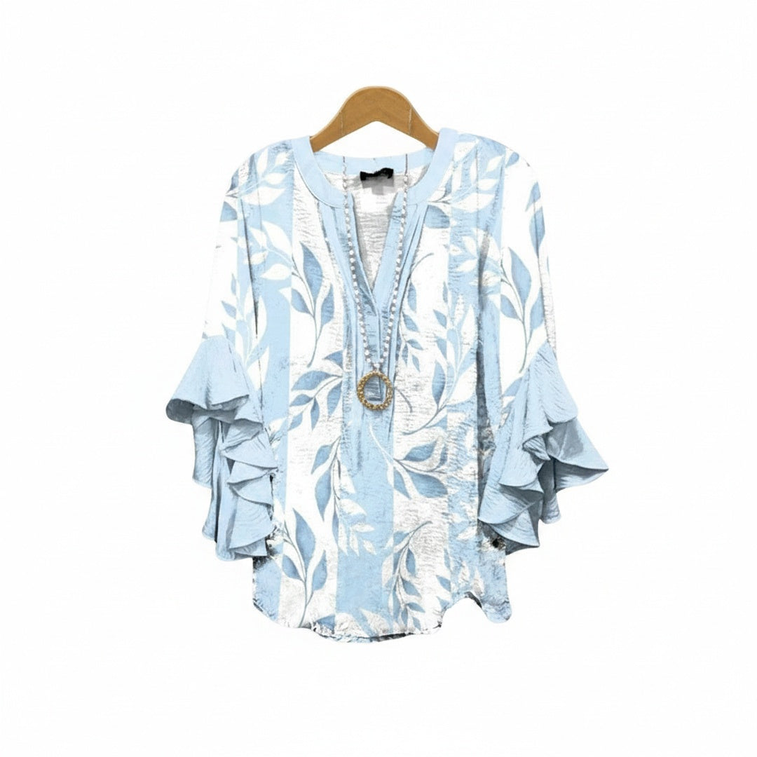 Women's Floral Blouse with V-Neck and Ruffled Sleeves - Light and Romantic