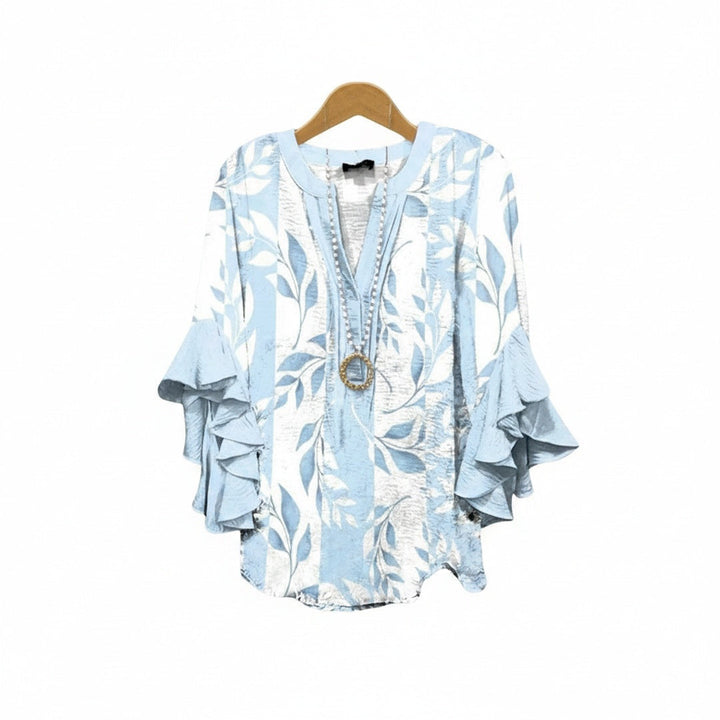 Women's Floral Blouse with V-Neck and Ruffled Sleeves - Light and Romantic