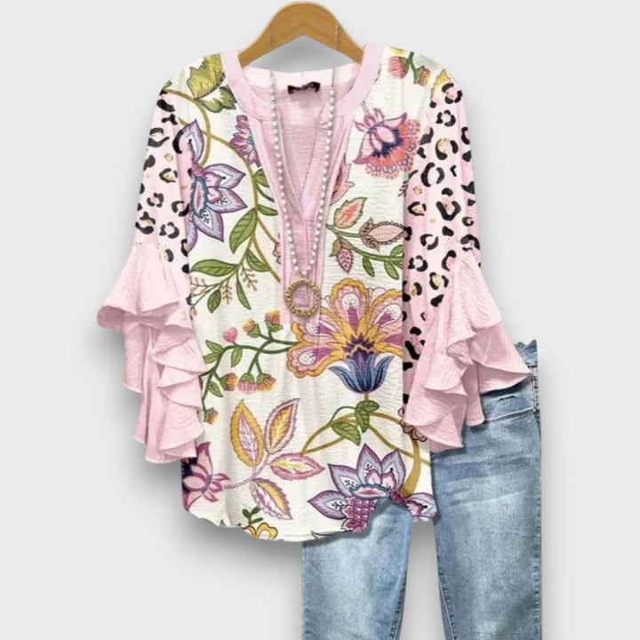 Women's Floral Blouse with V-Neck and Ruffled Sleeves - Light and Romantic