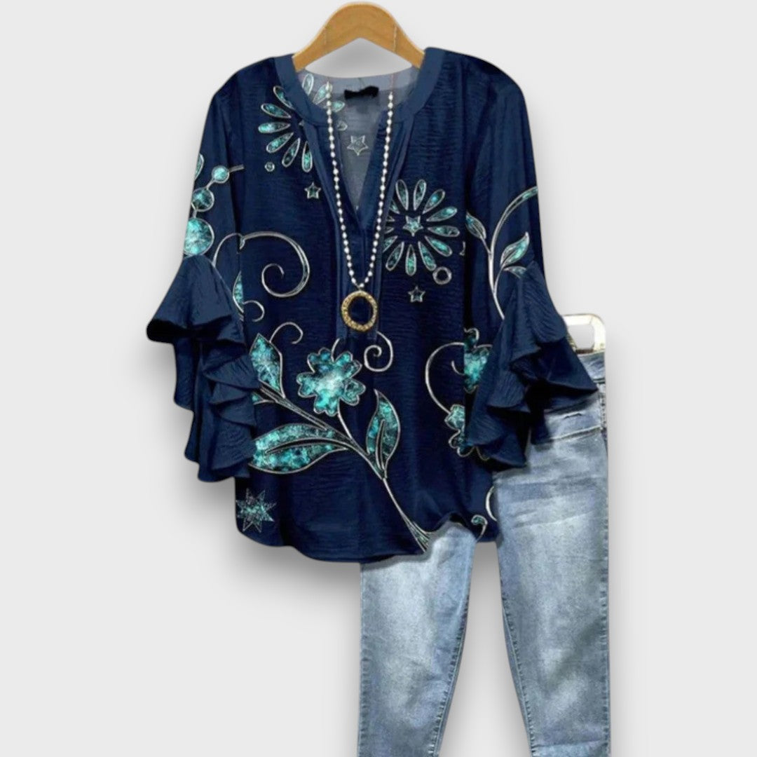 Women's Floral Blouse with V-Neck and Ruffled Sleeves - Light and Romantic