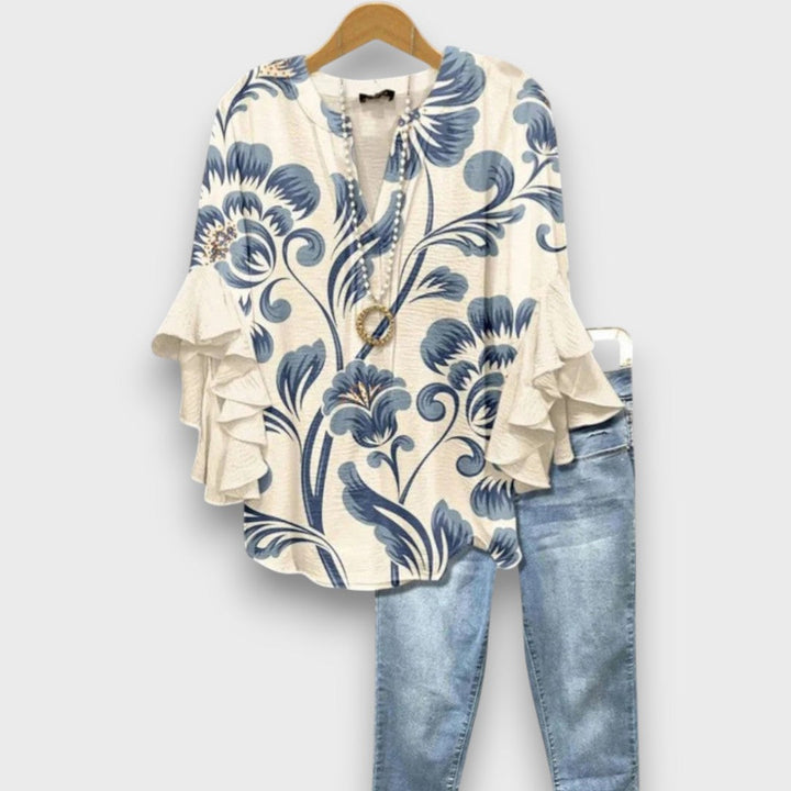 Women's Floral Blouse with V-Neck and Ruffled Sleeves - Light and Romantic