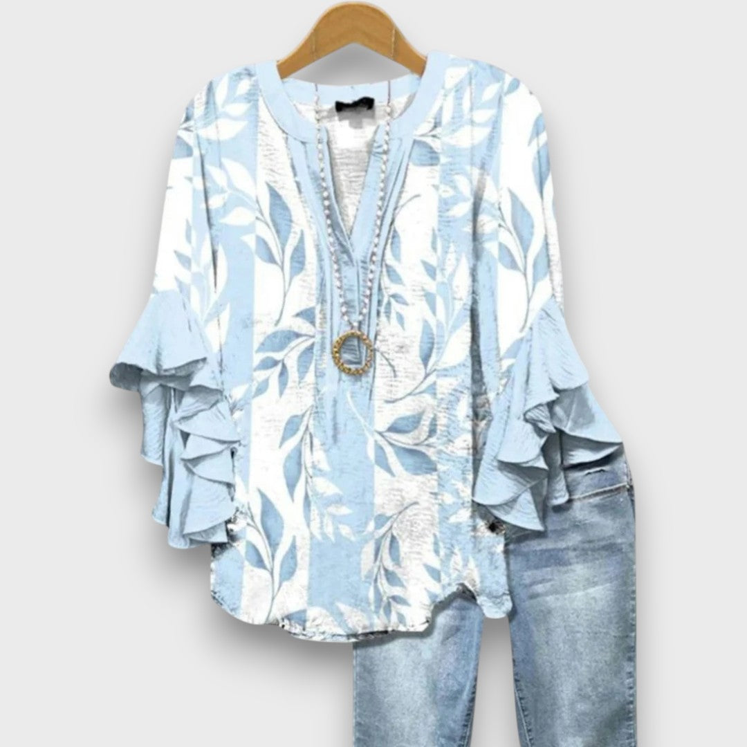 Women's Floral Blouse with V-Neck and Ruffled Sleeves - Light and Romantic