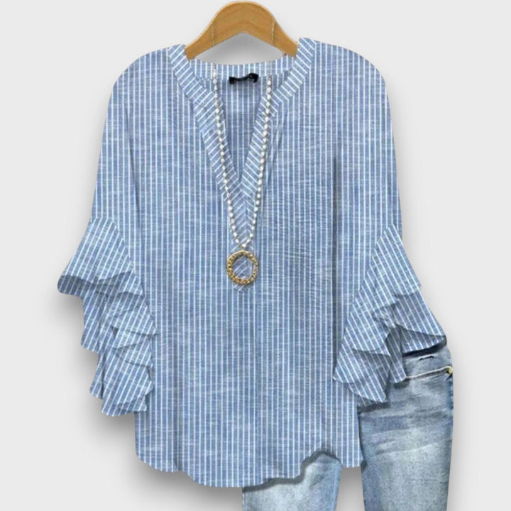 Women's Floral Blouse with V-Neck and Ruffled Sleeves - Light and Romantic