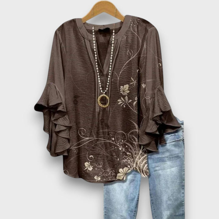 Women's Floral Blouse with V-Neck and Ruffled Sleeves - Light and Romantic