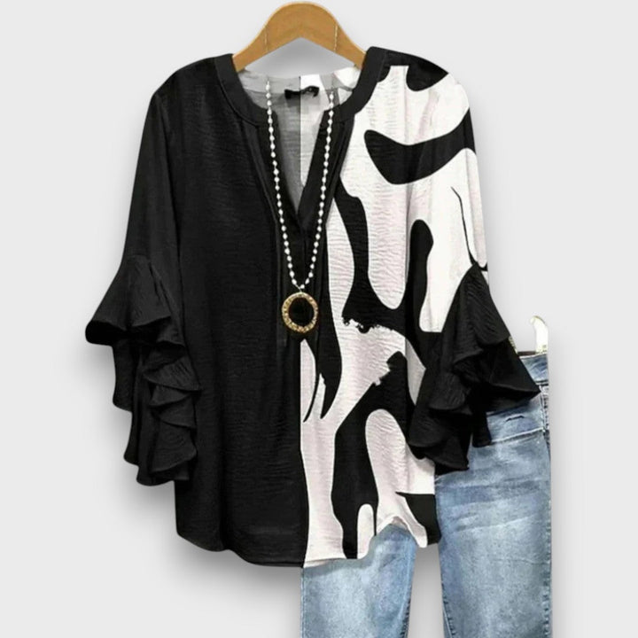 Women's Floral Blouse with V-Neck and Ruffled Sleeves - Light and Romantic