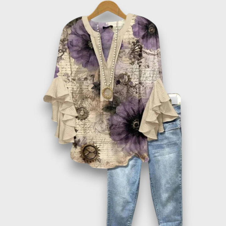 Women's Floral Blouse with V-Neck and Ruffled Sleeves - Light and Romantic