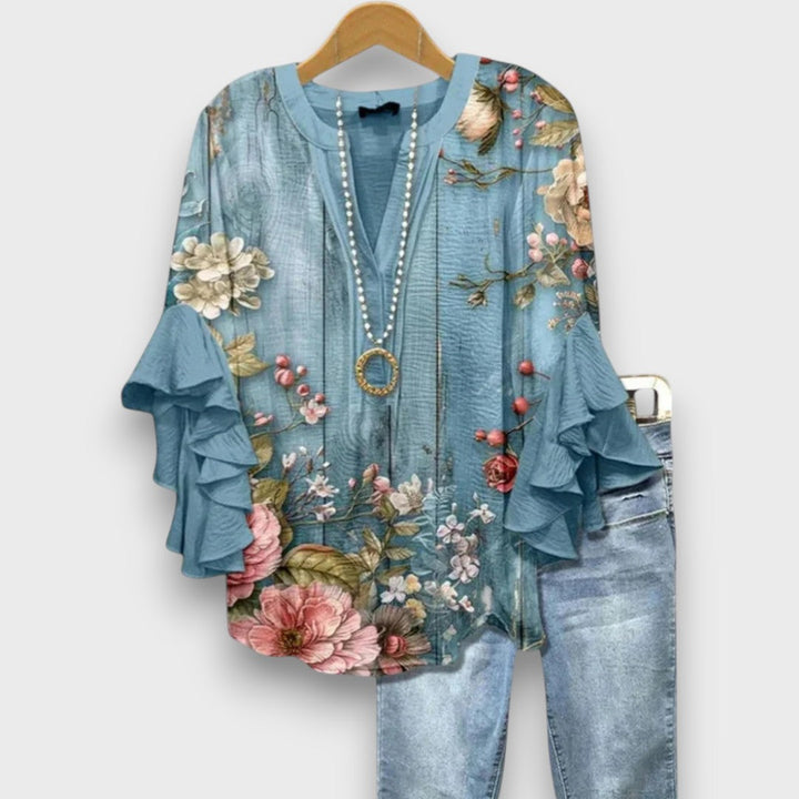 Women's Floral Blouse with V-Neck and Ruffled Sleeves - Light and Romantic