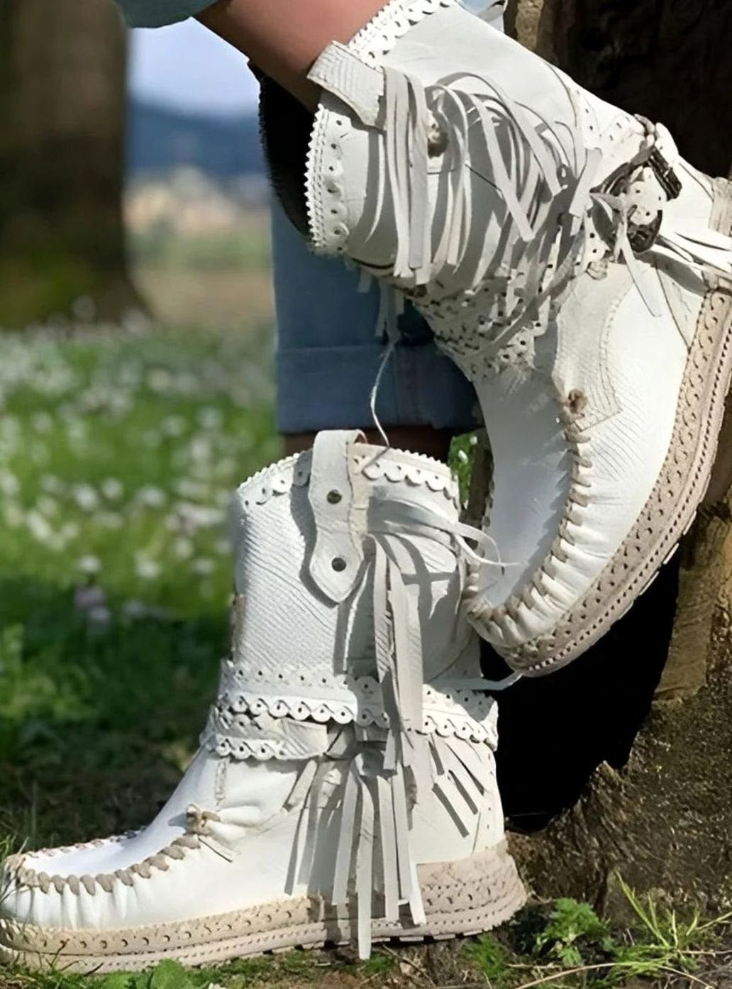 Anna | Women's Boho Cowboy Ankle Boots with Fringes and Buckle