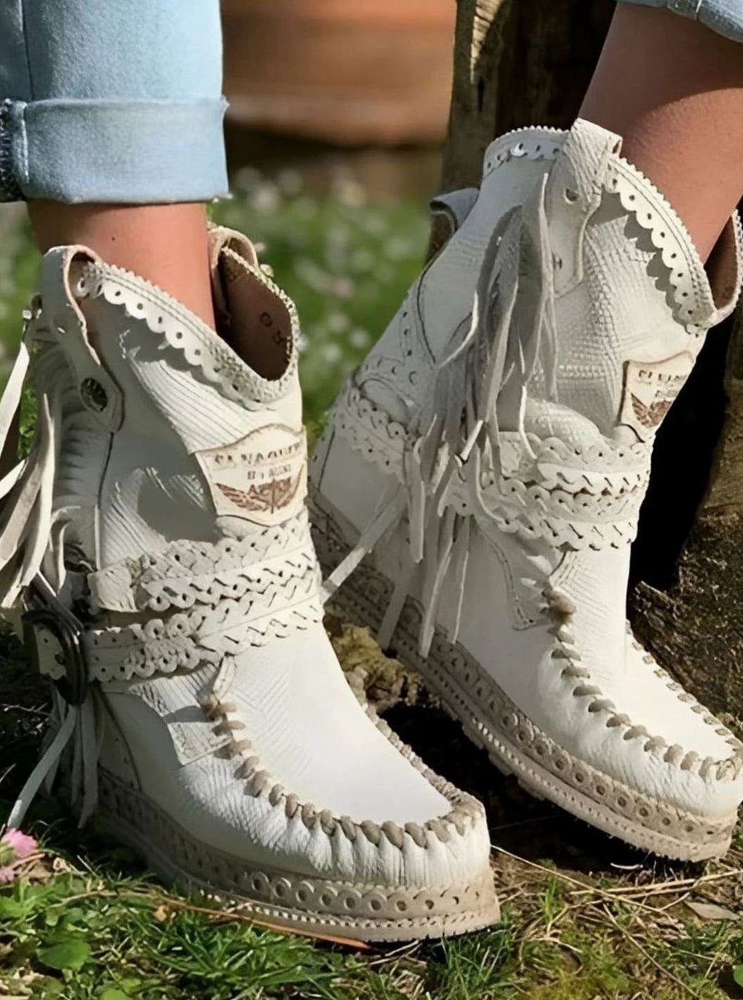 Anna | Women's Boho Cowboy Ankle Boots with Fringes and Buckle