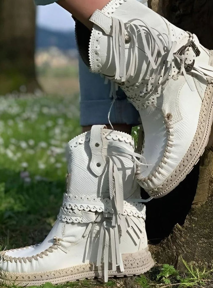 Anna | Women's Boho Cowboy Ankle Boots with Fringes and Buckle