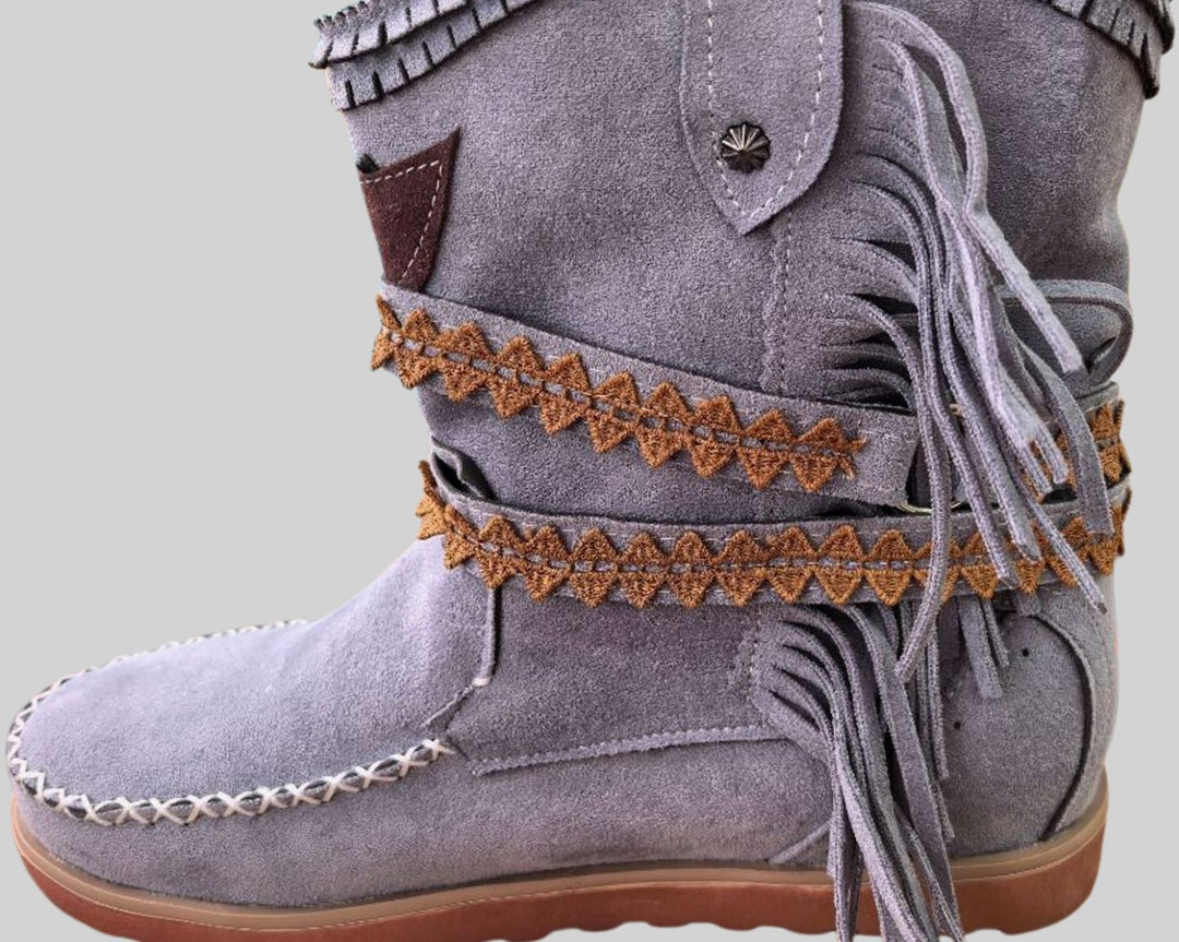 Anna | Women's Boho Cowboy Ankle Boots with Fringes and Buckle
