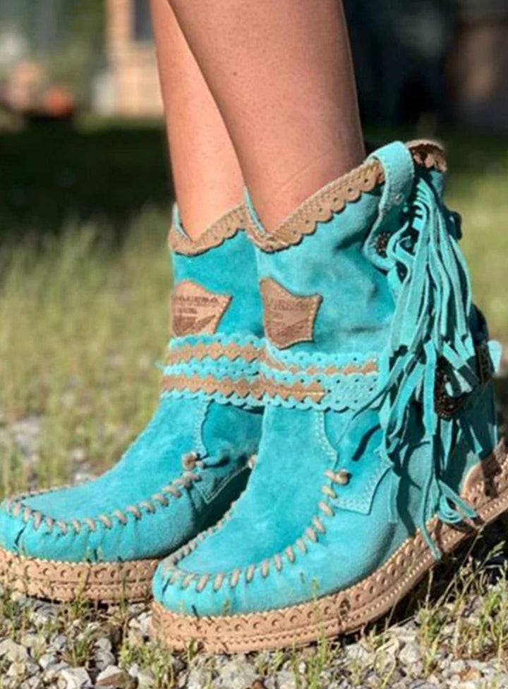 Anna | Women's Boho Cowboy Ankle Boots with Fringes and Buckle