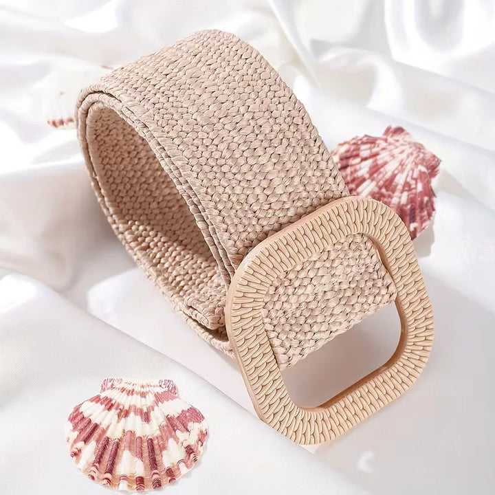 Women's Wide Woven Belt with Square Buckle for Summer, view 7 - Elena Harper
