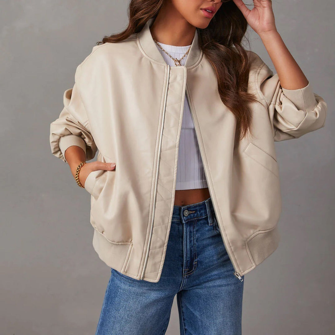 Ladies Casual Faux Leather Bomber Jacket with Ribbed Cuffs and Pockets
