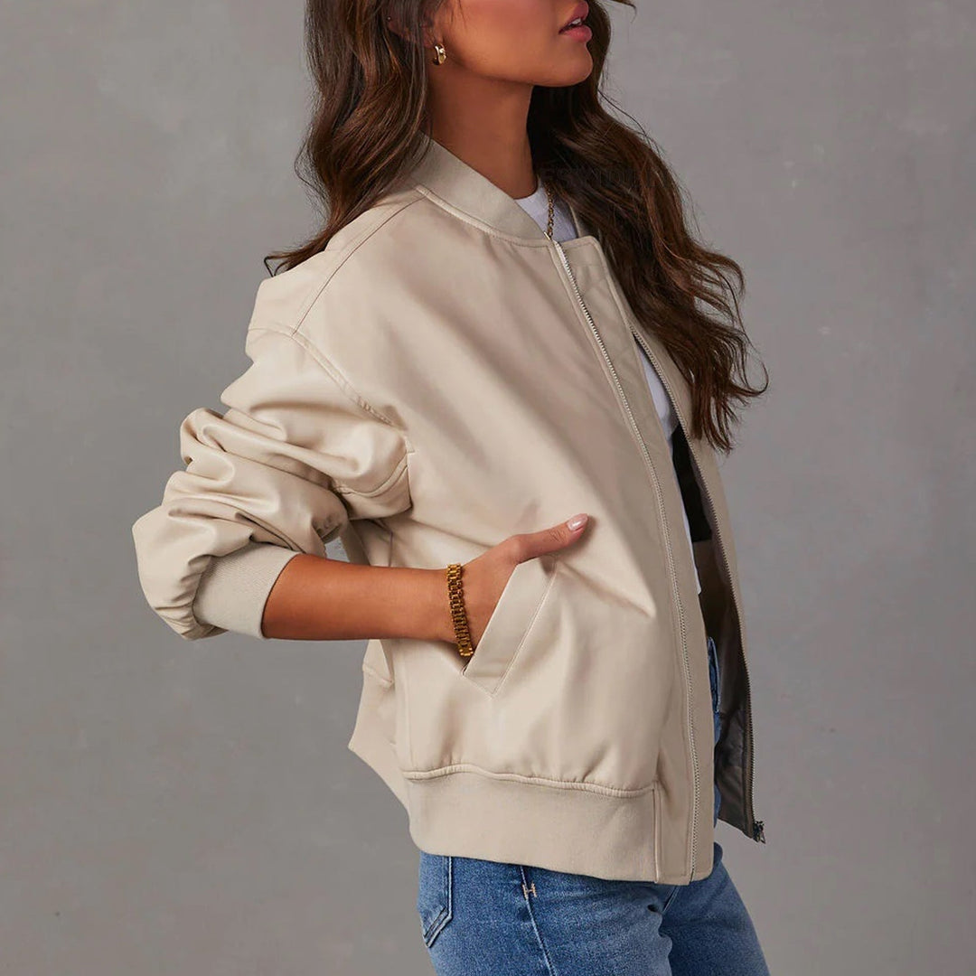 Ladies Casual Faux Leather Bomber Jacket with Ribbed Cuffs and Pockets