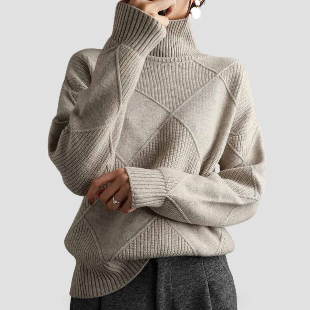 Women's Turtleneck Sweater with Argyle Pattern and Comfortable Wool