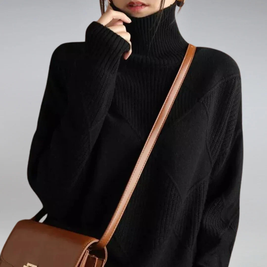 Women's Turtleneck Sweater with Argyle Pattern and Comfortable Wool