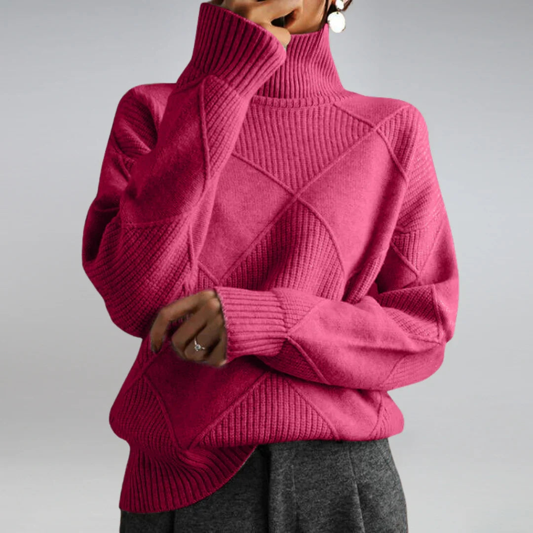 Women's Turtleneck Sweater with Argyle Pattern and Comfortable Wool