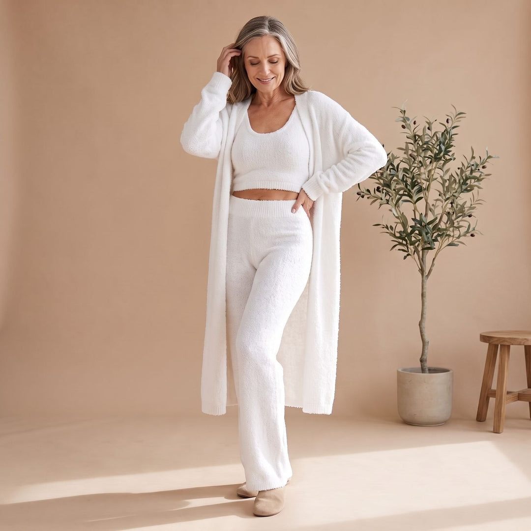 Anna | Women's Three-Piece Fluffy Knit Loungewear Set Cropped Top