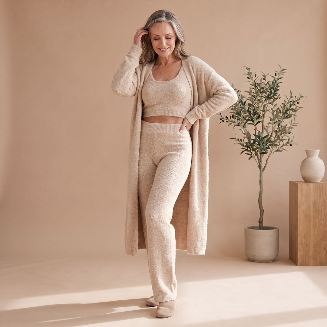 Anna | Women's Three-Piece Fluffy Knit Loungewear Set Cropped Top