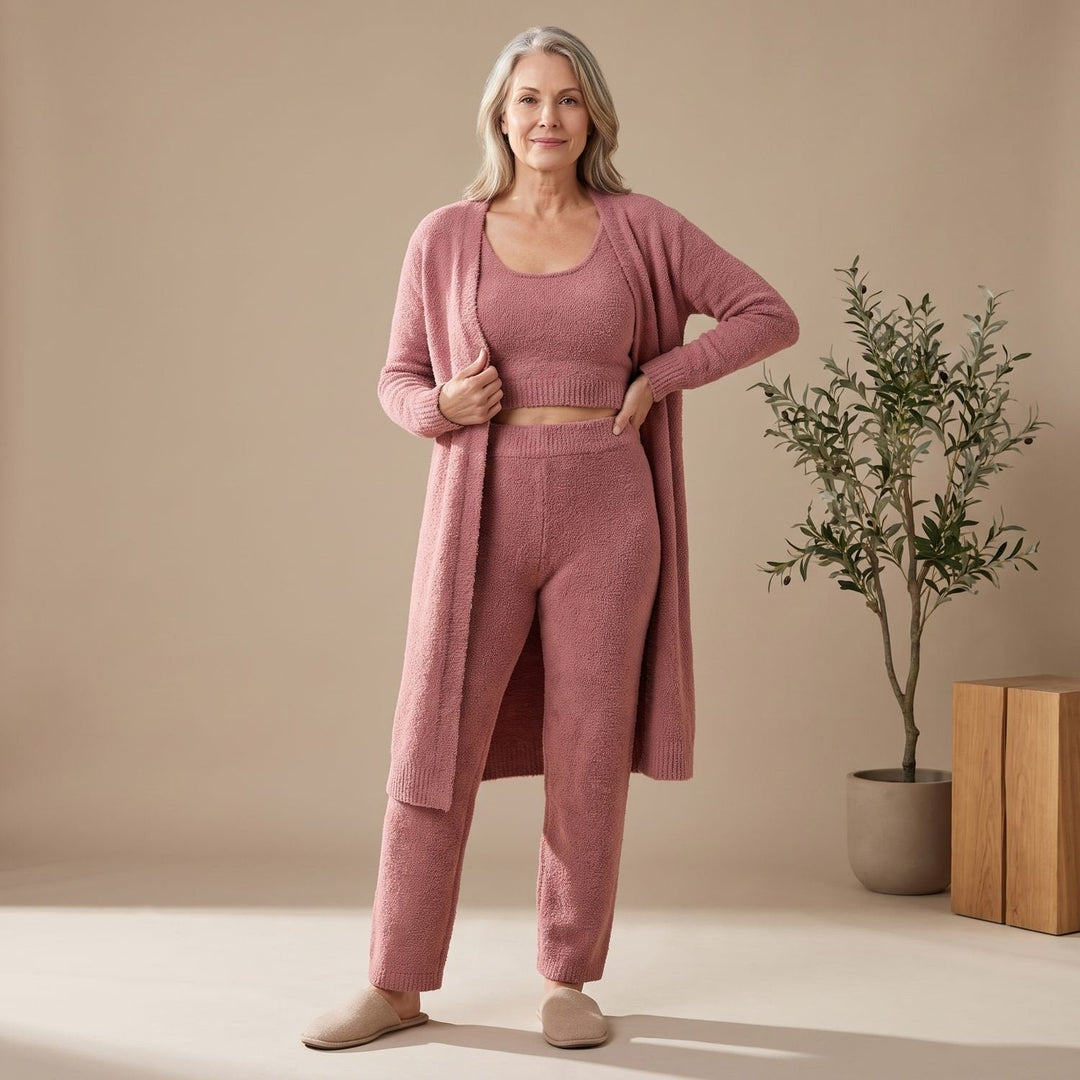 Anna | Women's Three-Piece Fluffy Knit Loungewear Set Cropped Top