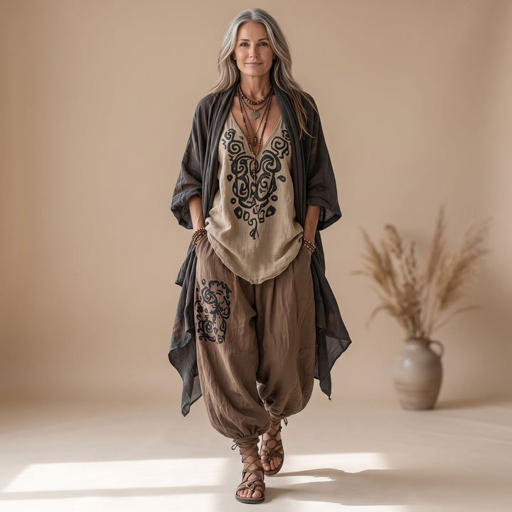 Lotte | Women's Three-Piece Boho Linen Pants Set with Kimono and Print