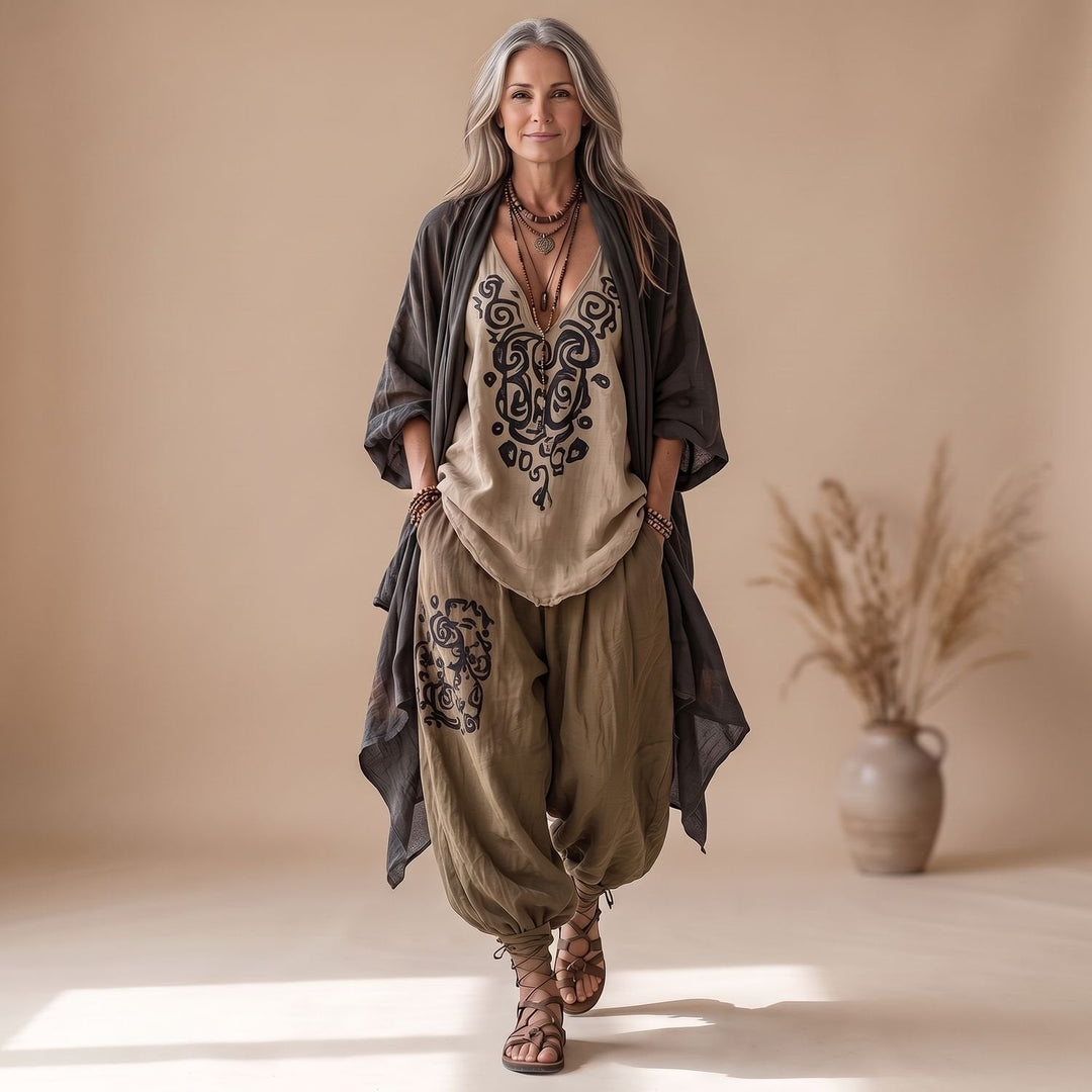 Lotte | Women's Three-Piece Boho Linen Pants Set with Kimono and Print