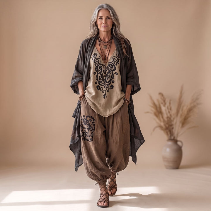 Lotte | Women's Three-Piece Boho Linen Pants Set with Kimono and Print