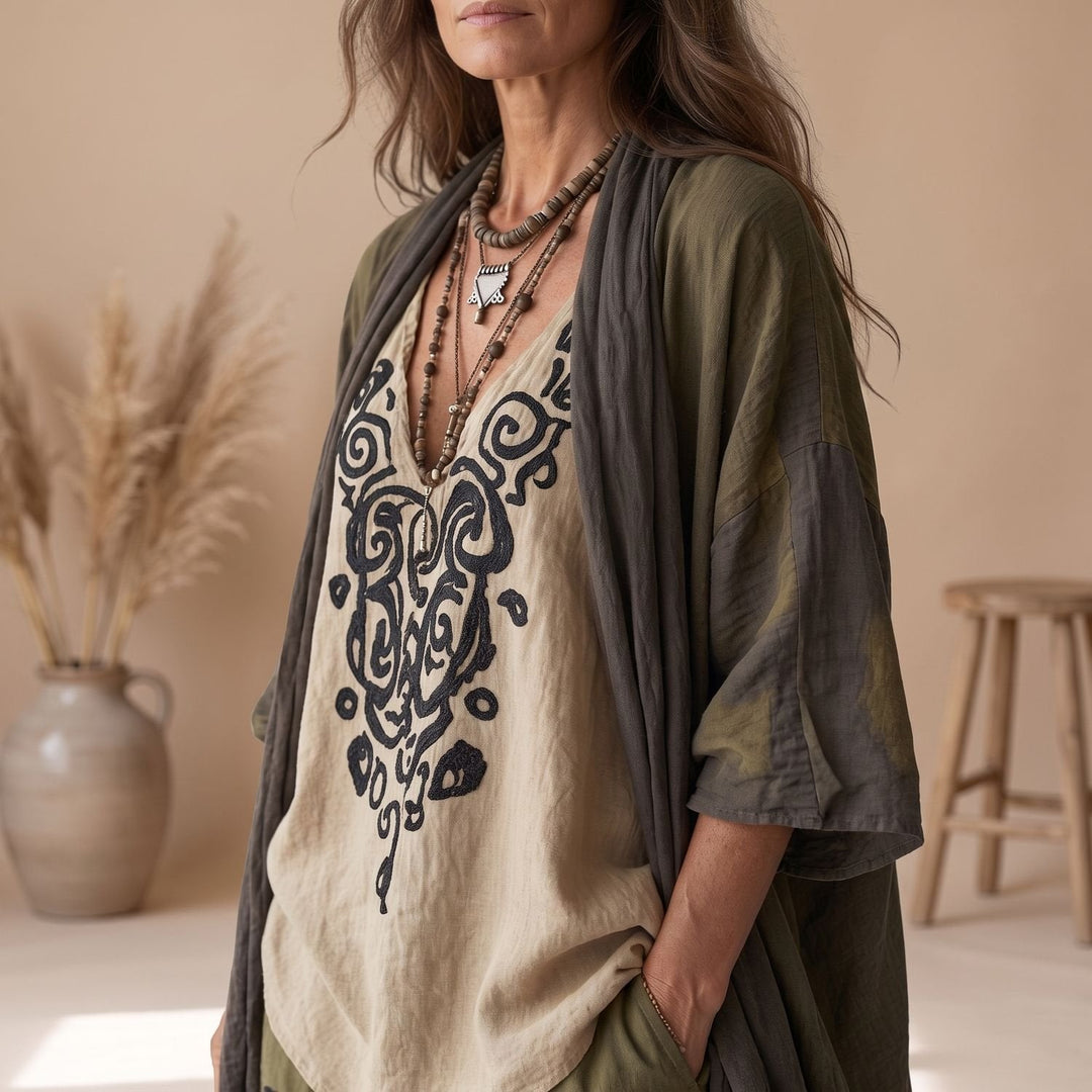 Lotte | Women's Three-Piece Boho Linen Pants Set with Kimono and Print