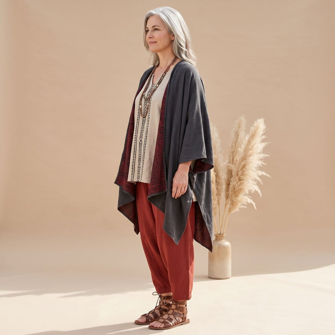 Lotte | Women's Three-Piece Boho Linen Pants Set with Kimono and Print