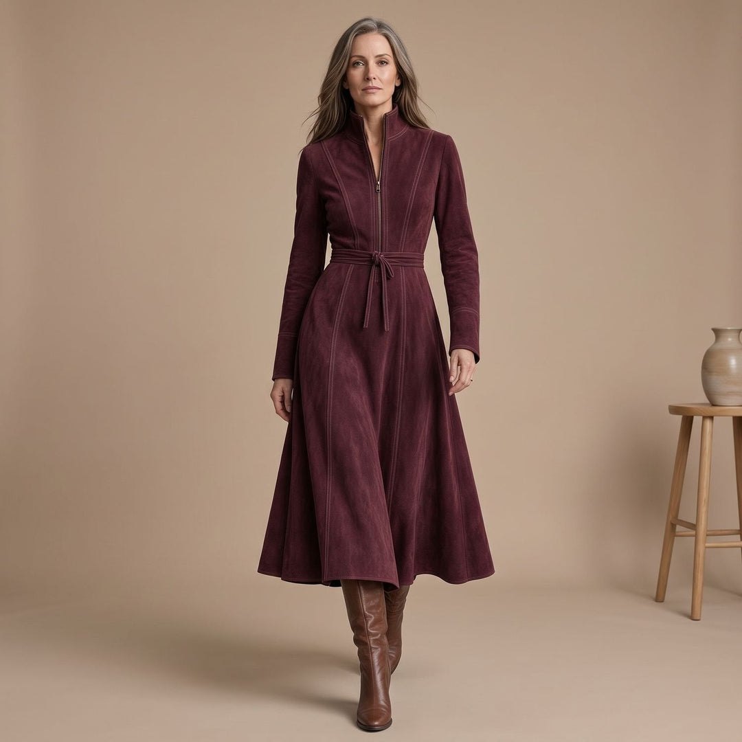 Emma | Women's Elegant A-Line Midi Dress with Stand Collar, Belt, and Zipper