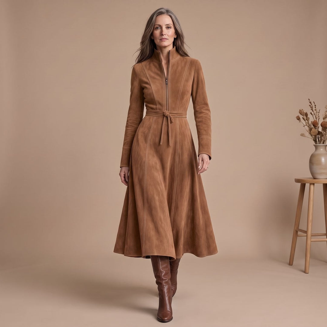 Emma | Women's Elegant A-Line Midi Dress with Stand Collar, Belt, and Zipper