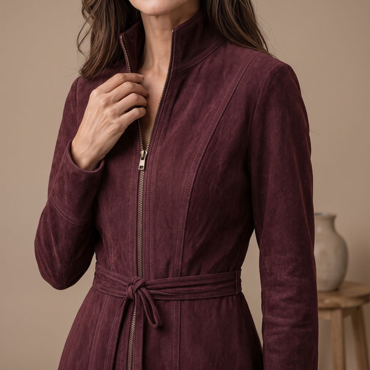 Emma | Women's Elegant A-Line Midi Dress with Stand Collar, Belt, and Zipper