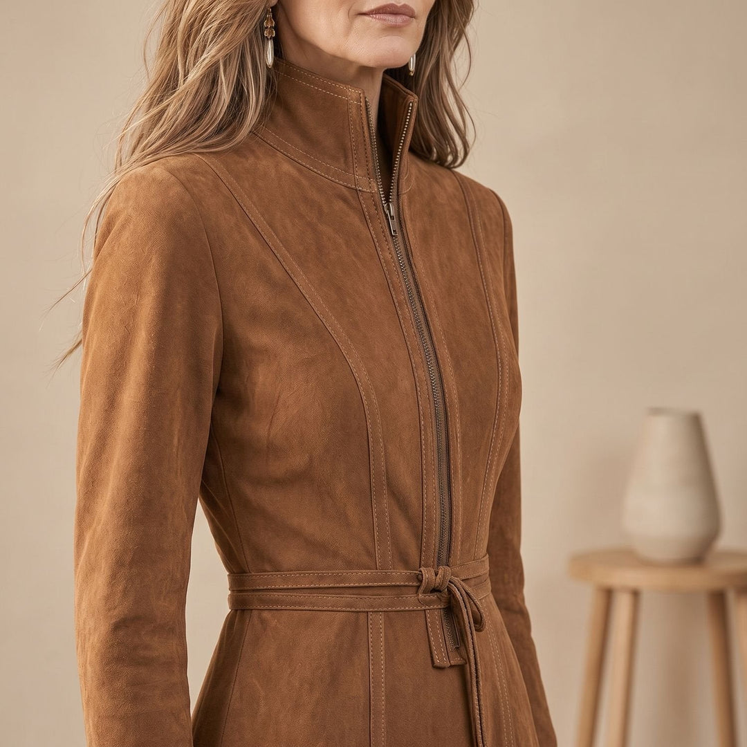Emma | Women's Elegant A-Line Midi Dress with Stand Collar, Belt, and Zipper